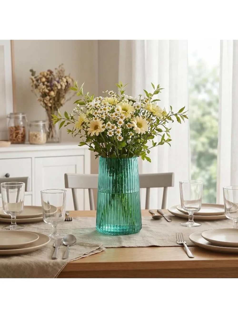 8 Inches Modern Green Glass Vase Flower Bouquet Living Room Bedroom Home Deco